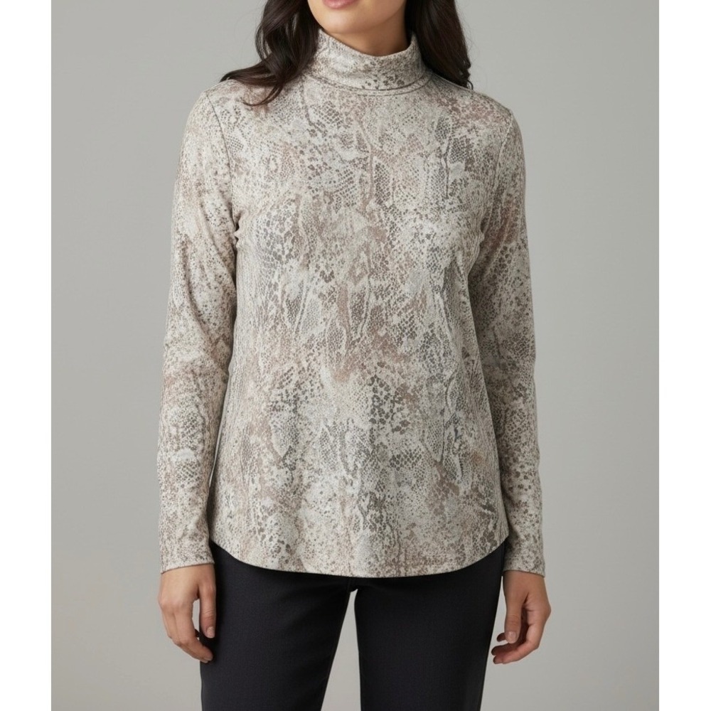 Chicos Snakeskin Print Mock Neck Top Womens Size 3 XL Tan Gray Cotton Rayon Knit